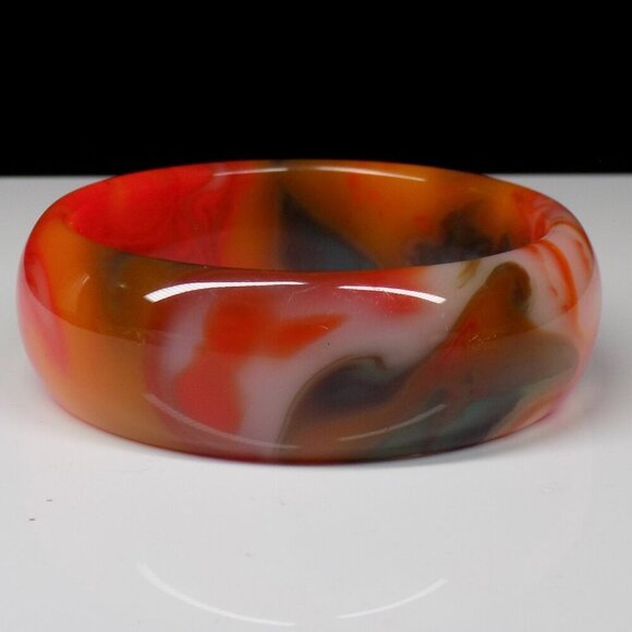 Agate Gemstone Wide Bangle Bracelet Orange Blue Multicolor Heavy 81.2 grams - Picture 1 of 8